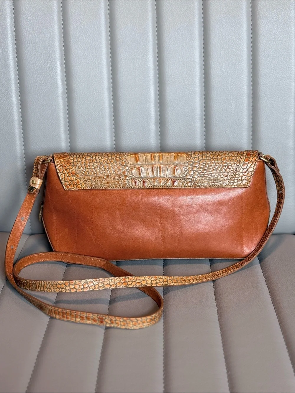 Brahmin Toasted Pecan Melborne Baguette Shoulder Bag Tan Embossed Tuscan Leather